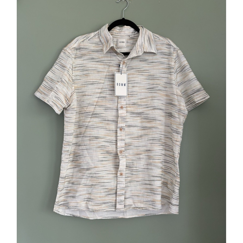ROWM Men's L Regular Striped Short Sleeve Button-Up Point Collar Cotton White